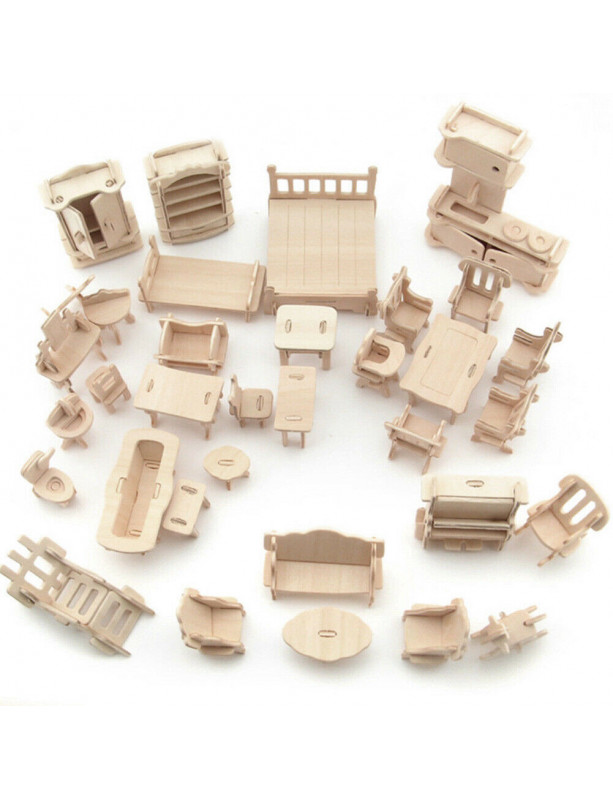 Miniatury drewniane meble 34szt zestaw składany 1508, odpowiednie dla lalek, drewniane meble symulacyjne
